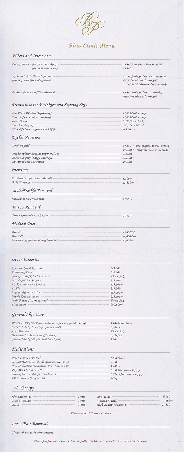 Bliss Clinic Menu